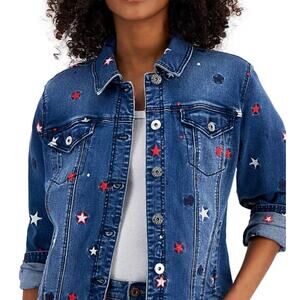 Style & Co Women's Classic Denim Jacket Size Large Embroidered Stars America